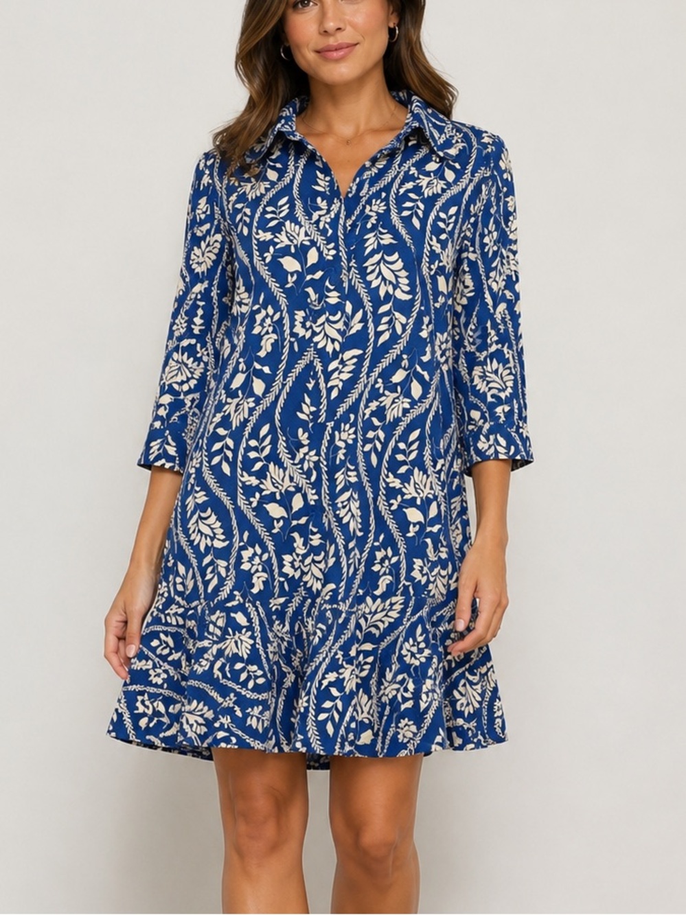 Emma & Michele Floral Shirt Dress XL Blue White Button Front Casual